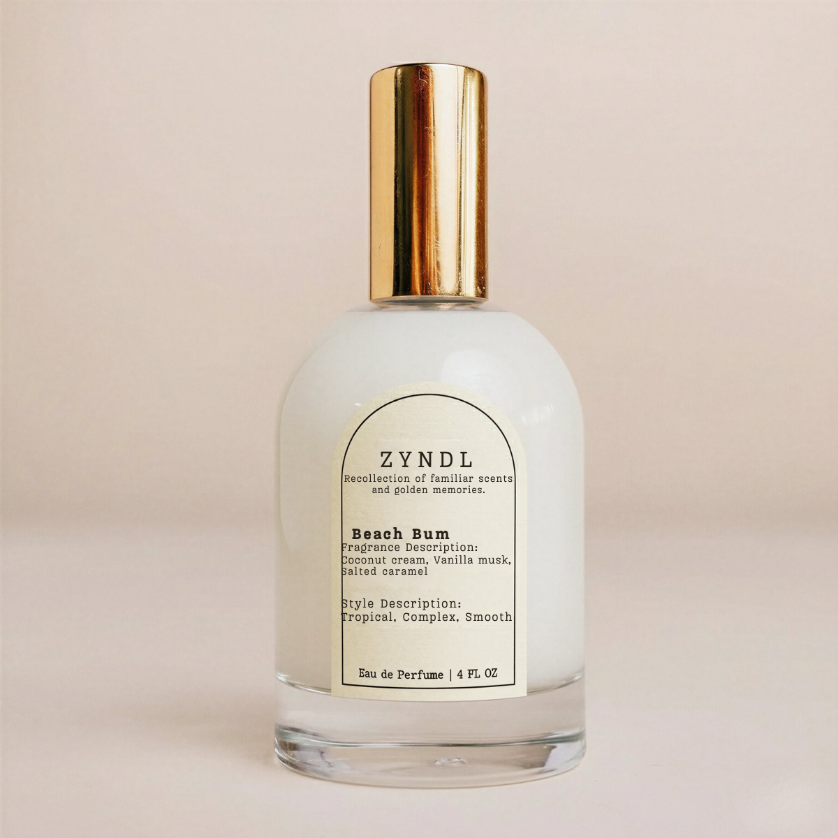 Perfume bottle labeled 'ZYNDL Beach Bum' on a beige background