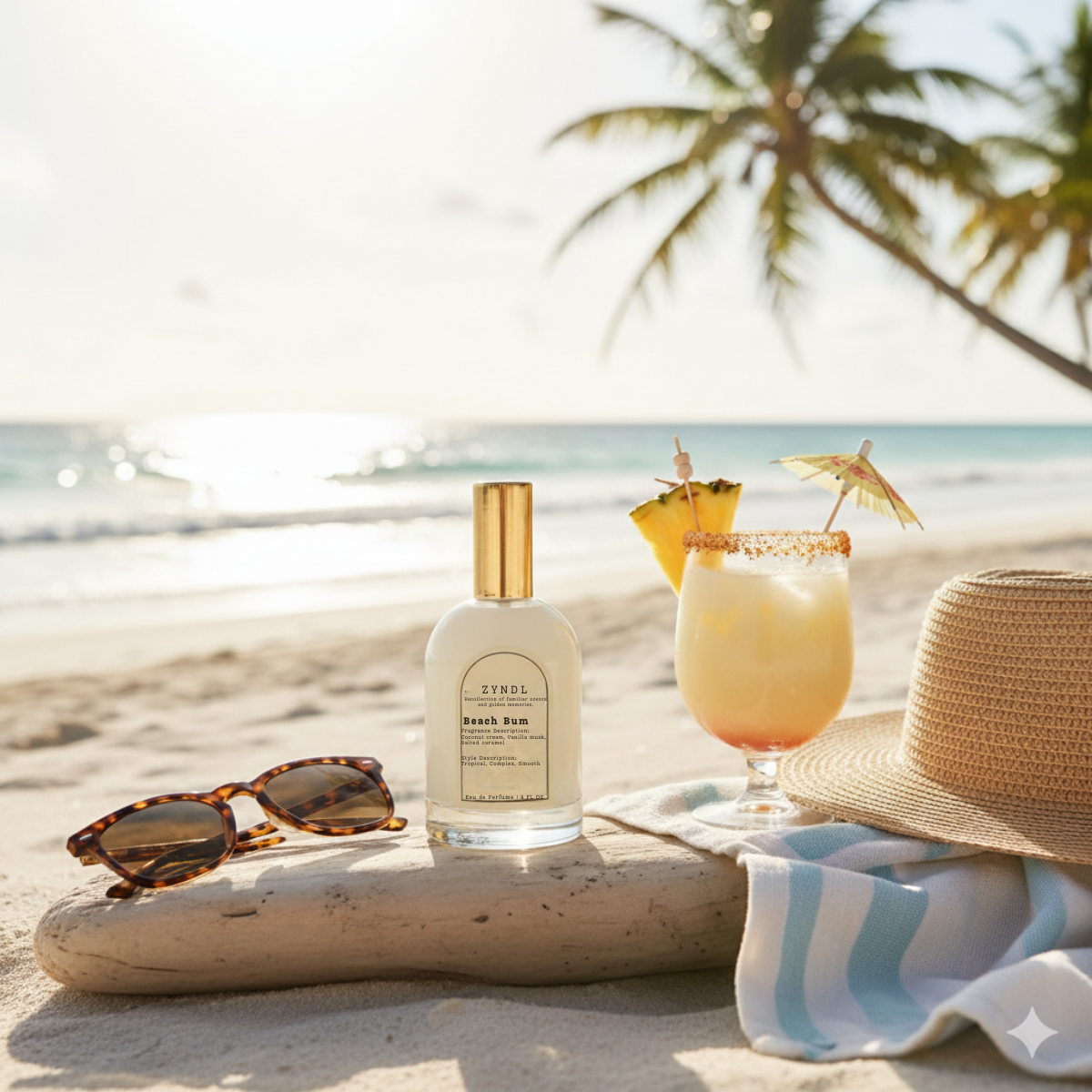 Bottle ofBeach Rum perfume, cocktail, sunglasses, and straw hat on a beach with palm trees in the background