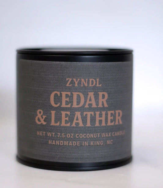 Cedar and Leather Scented Candle - 7.5 oz Soy Candle in Gold Tin - ZyndlCandles