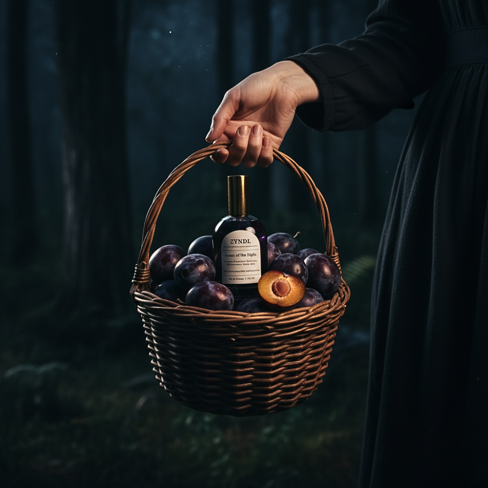 woman holding a basket with a halloween perfume woman bottle and plums against a dark background