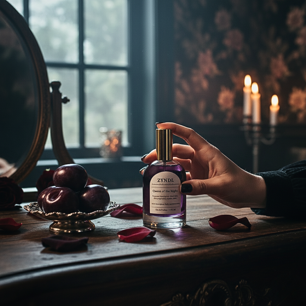 Hand holding a ZYNDL perfume bottle on a wooden table with candles and decorative items in the background.