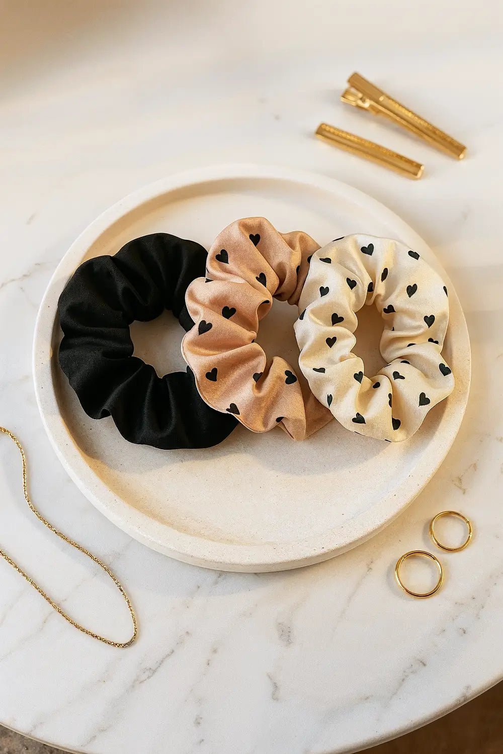 Handmade Satin Hair Scrunchies with Heart Motifs - ZyndlBeauty Accessories