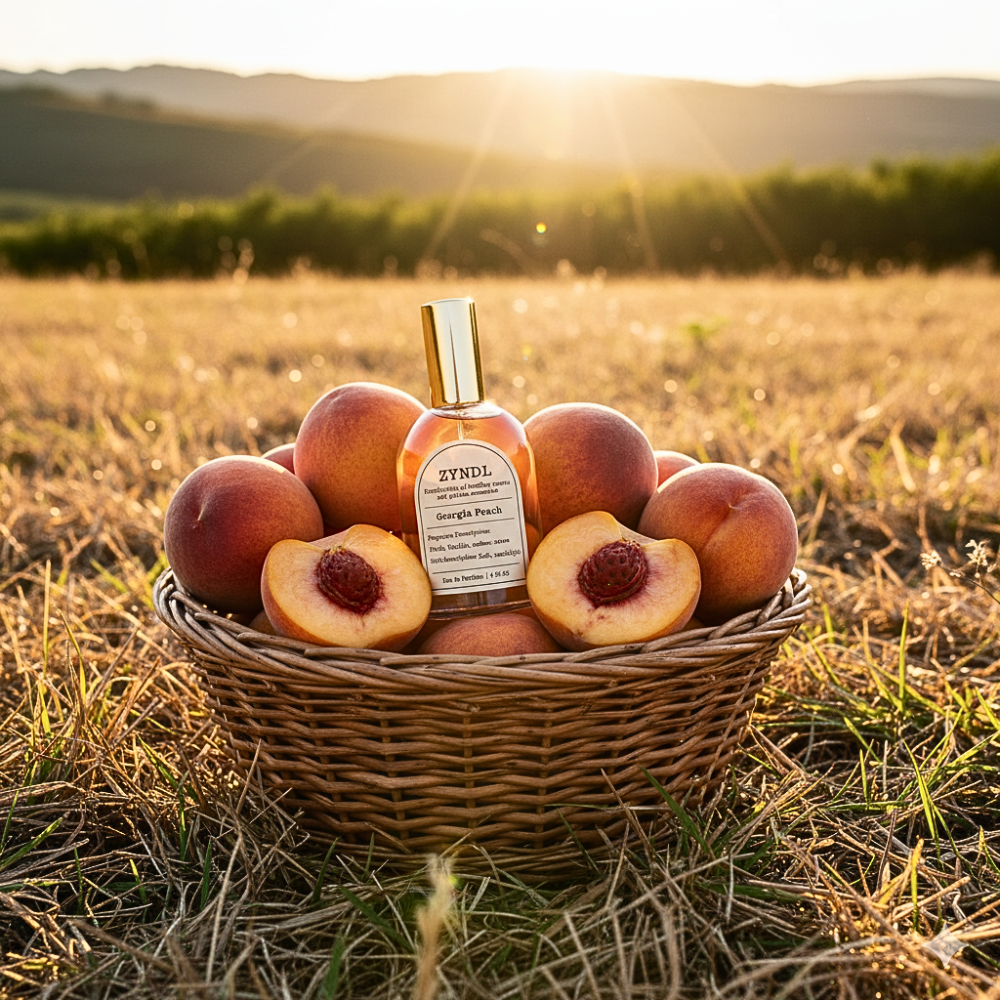 Basket of peaches with a bottle of zyndl perfume in a field at sunset