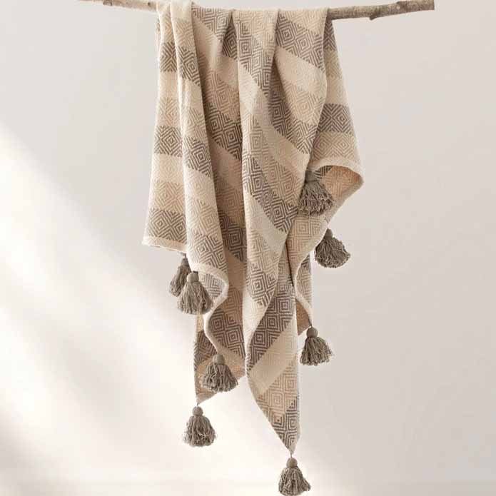 Zoe Oversized Pom Pom Throw Blanket – Khaki - ZyndlHome Decor