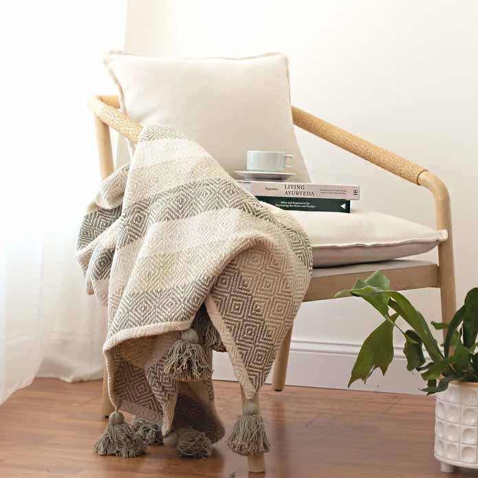 Zoe Oversized Pom Pom Throw Blanket – Khaki - ZyndlHome Decor
