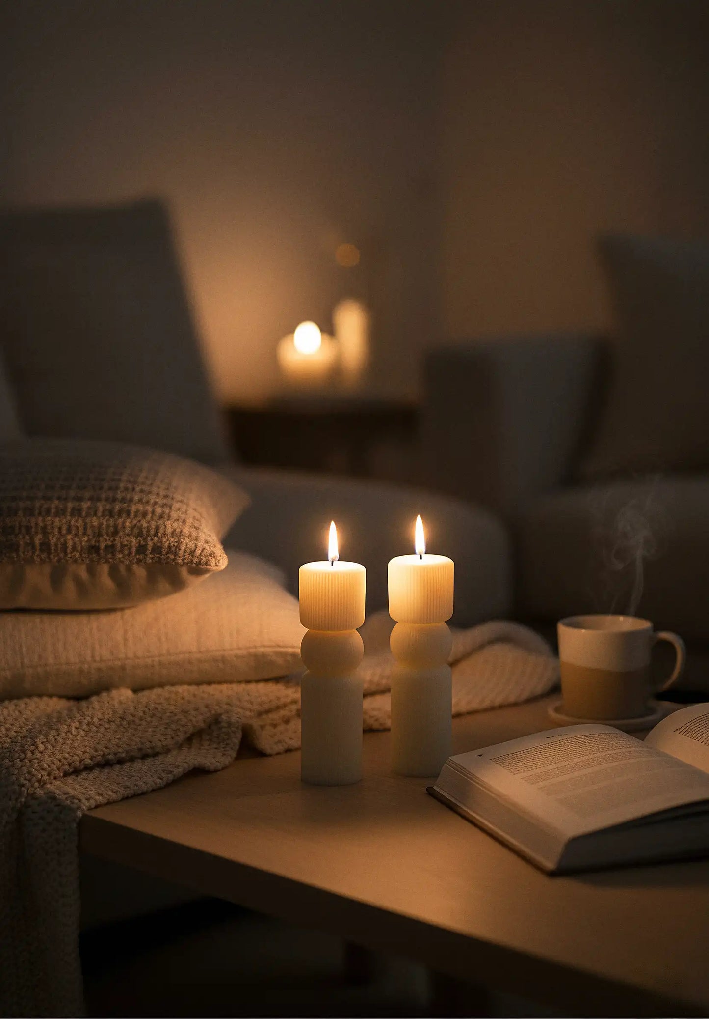pillar Candlelit scene with a book and mug on a table in a cozy room.