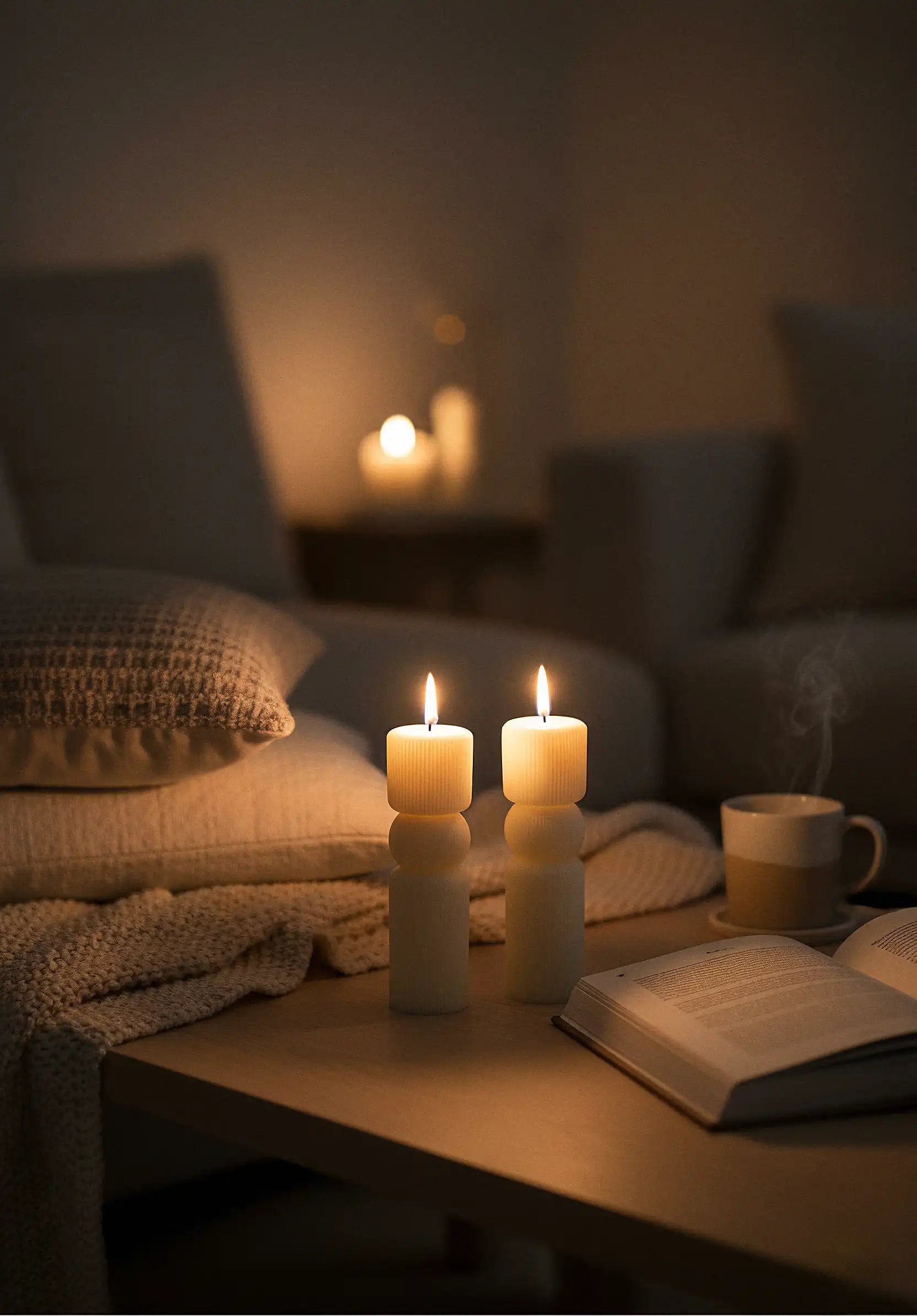 pillar Candlelit scene with a book and mug on a table in a cozy room.