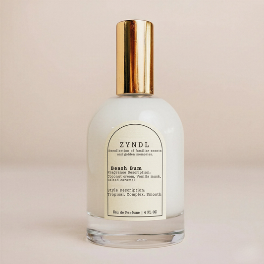 Perfume bottle labeled 'ZYNDL Beach Bum' on a beige background