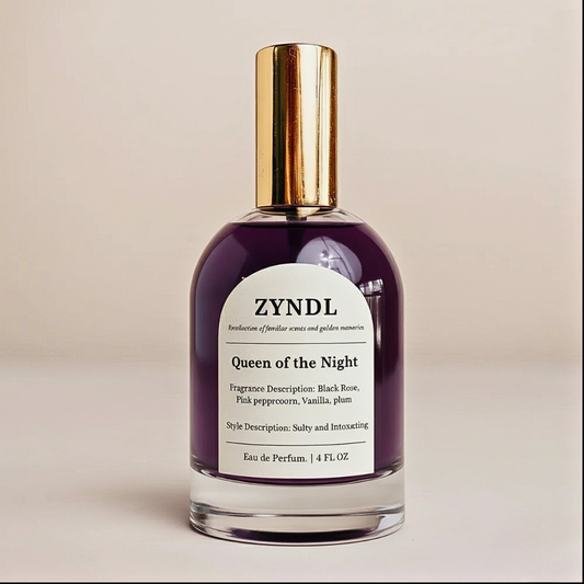 halloween magic perfume for women.  bottle labeled 'ZYNDL Queen of the Night' on a beige background