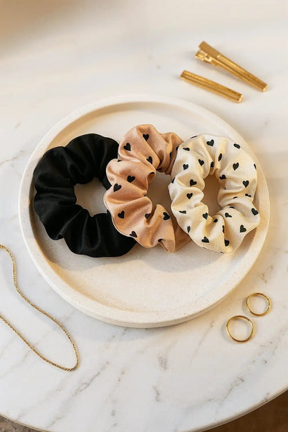 Handmade Satin Hair Scrunchies with Heart Motifs - ZyndlBeauty Accessories