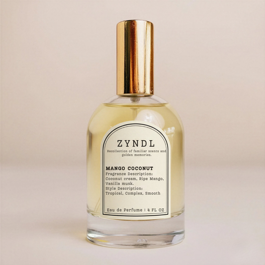 Zyndl Mango Coconut perfume bottle on a beige background