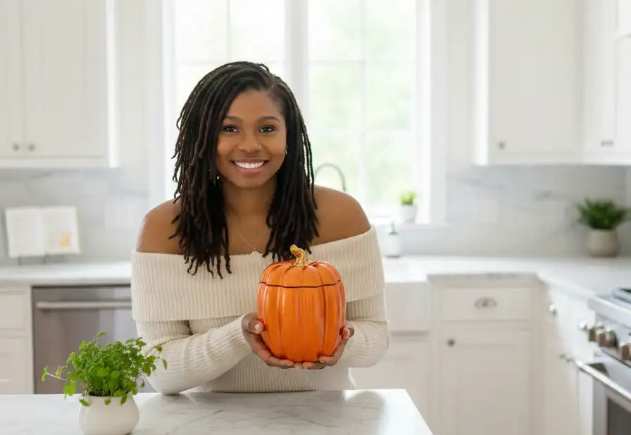 Woman holding a small pumpkin-shaped container in a kitchen